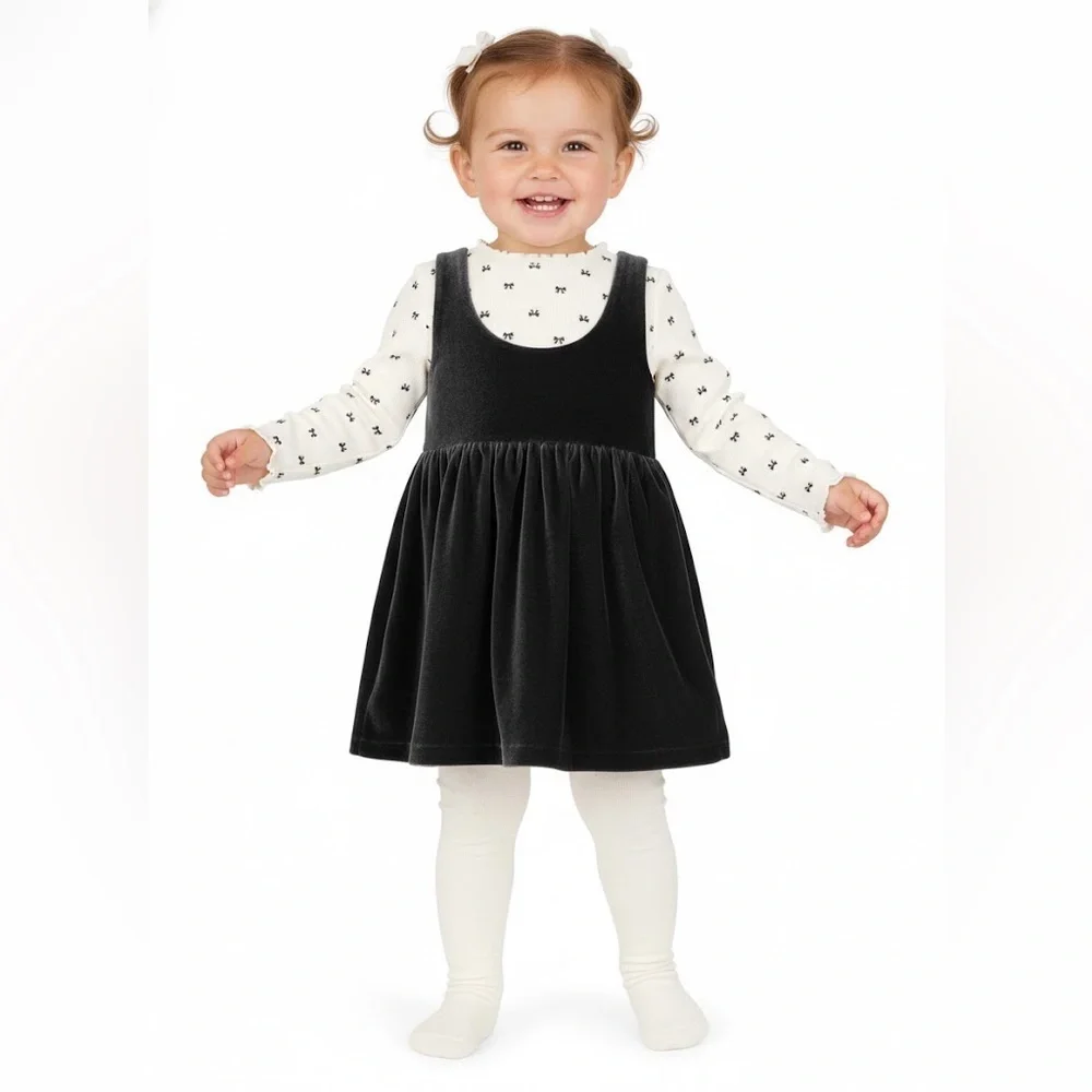 Carter’s Adorable Black Dress With White Long Sleeve Top Girls Set 3 Pieces